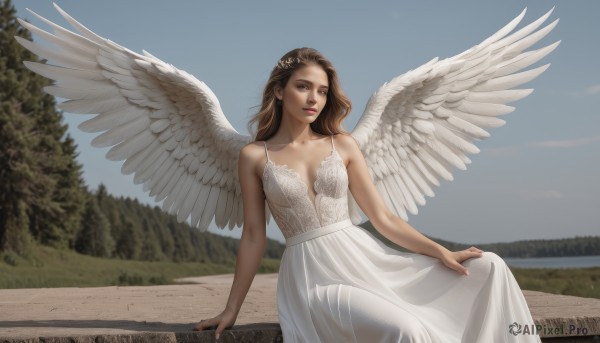 1girl,solo,long hair,breasts,looking at viewer,brown hair,hair ornament,dress,cleavage,bare shoulders,brown eyes,jewelry,medium breasts,sitting,closed mouth,collarbone,earrings,outdoors,wings,sky,sleeveless,day,medium hair,white dress,blurry,tree,lips,bare arms,blurry background,arm support,tiara,feathered wings,angel wings,realistic,white wings,angel,flower,small breasts,parted lips,hair flower,blue sky,see-through,sleeveless dress,watermark,skirt hold