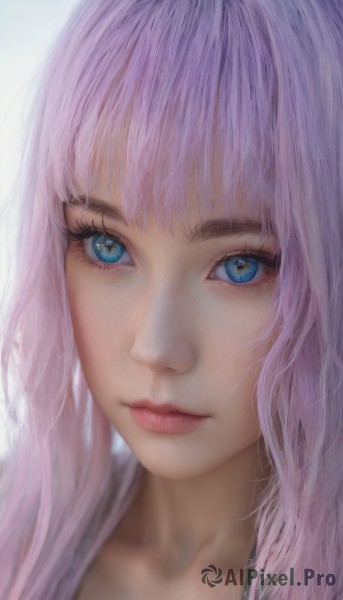 1girl,solo,long hair,looking at viewer,bangs,blue eyes,simple background,white background,closed mouth,collarbone,pink hair,lips,eyelashes,portrait,close-up,freckles,realistic,nose,purple hair,expressionless