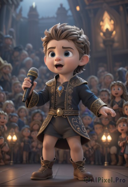 solo,smile,short hair,open mouth,blue eyes,brown hair,long sleeves,1boy,holding,jewelry,standing,full body,:d,male focus,boots,shorts,teeth,solo focus,belt,indoors,blurry,blurry background,brown footwear,black shorts,child,microphone,6+boys,music,candle,male child,holding microphone,singing,crowd,stage,people,lalafell,multiple girls,jacket,braid,multiple boys,depth of field,6+girls,aged down,female child