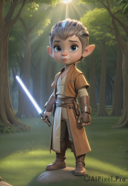 solo,looking at viewer,blue eyes,brown hair,gloves,1boy,holding,jewelry,standing,full body,weapon,grey hair,male focus,earrings,boots,outdoors,pointy ears,belt,sword,artist name,fingerless gloves,holding weapon,tree,lips,brown footwear,holding sword,sunlight,grass,child,nature,forest,male child,glowing weapon,energy sword,tunic,lightsaber,short hair,blue hair,multicolored hair,two-tone hair,book,watermark,realistic,mohawk