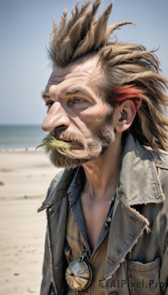 solo,blue eyes,brown hair,shirt,1boy,jewelry,jacket,upper body,male focus,red hair,multicolored hair,outdoors,sky,day,necklace,blurry,vest,blurry background,facial hair,scar,mouth hold,beach,feathers,beard,brown jacket,realistic,mustache,sand,manly,leather,old,old man,leather jacket,desert,blonde hair,closed mouth,open clothes,from side,open jacket,blue sky,lips,looking to the side,ocean,wind,scar on face,zipper,pocket,nose,scar across eye,horizon,breast pocket,looking afar,badge,hair slicked back,mohawk,denim jacket