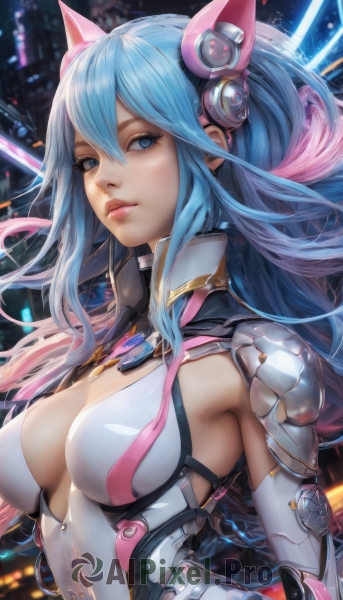 1girl,solo,long hair,breasts,looking at viewer,bangs,blue eyes,large breasts,hair ornament,gloves,animal ears,cleavage,hair between eyes,medium breasts,closed mouth,blue hair,upper body,pink hair,multicolored hair,elbow gloves,blurry,two-tone hair,lips,clothing cutout,bodysuit,gradient hair,headgear,cleavage cutout,skin tight,science fiction,realistic,nose,sidelocks,artist name,signature,armor,eyelashes,headphones