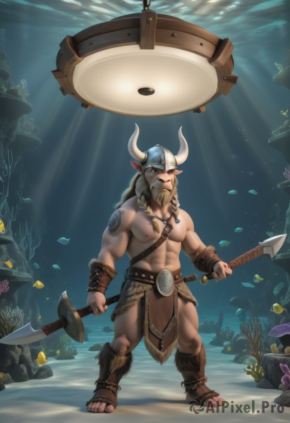 solo,long hair,looking at viewer,smile,brown hair,1boy,navel,holding,animal ears,jewelry,nipples,standing,full body,weapon,braid,male focus,thighs,horns,pointy ears,necklace,stomach,holding weapon,tattoo,muscular,facial hair,thick thighs,abs,sandals,helmet,pectorals,muscular male,polearm,bara,pelvic curtain,beard,fish,large pectorals,bulge,topless male,mature male,underwater,mustache,cow ears,cow horns,fake horns,air bubble,axe,bare pectorals,hammer,chest hair,loincloth,biceps,navel hair,holding axe,holding hammer,coral,horned helmet,cow boy,twin braids,sunlight,dual wielding,shield,holding polearm,chest tattoo,holding shield,swimming,nose piercing,animal skull,minotaur