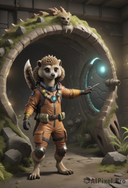 solo,gloves,1boy,brown eyes,standing,tail,full body,male focus,belt,indoors,no humans,grass,robot,pointing,furry,science fiction,rock,furry male,spacesuit,lion,open mouth,teeth,animal,leaf,fangs,monster