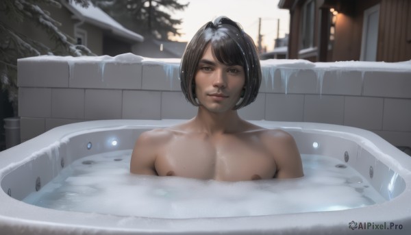 1girl,solo,breasts,looking at viewer,smile,short hair,bangs,black hair,brown eyes,closed mouth,nipples,collarbone,upper body,nude,outdoors,dark skin,water,mole,dark-skinned female,lips,wet,window,swept bangs,building,snow,partially submerged,realistic,nose,bathing,bath,bathtub,1boy,jewelry,male focus,earrings,artist name,black eyes,tree,water drop,wall,winter,brick wall