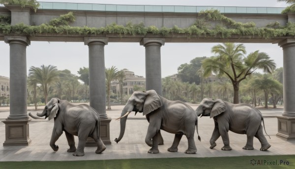 outdoors,sky,day,tree,no humans,animal,plant,building,scenery,palm tree,ruins,pillar,statue,column,cow,standing,realistic,elephant