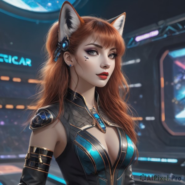 1girl,solo,long hair,breasts,looking at viewer,bangs,brown hair,hair ornament,animal ears,cleavage,brown eyes,jewelry,medium breasts,upper body,earrings,parted lips,detached sleeves,artist name,cat ears,orange hair,mole,blurry,lips,animal ear fluff,grey eyes,clothing cutout,makeup,blurry background,facial mark,cleavage cutout,lipstick,science fiction,nose,red lips,eyeliner,smile,closed mouth,fox ears,eyelashes,mole under eye,bodysuit,extra ears,eyeshadow,realistic,stud earrings,mascara