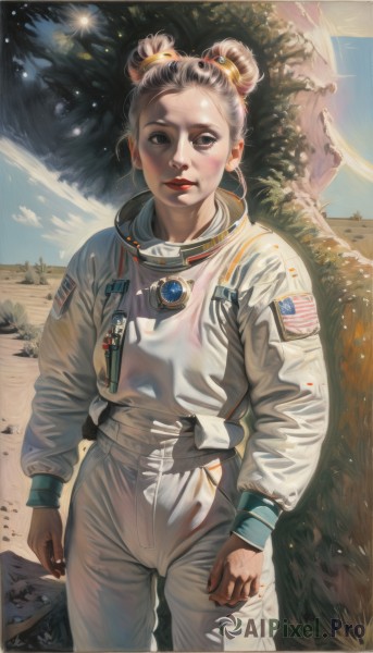 1girl,solo,looking at viewer,brown hair,shirt,long sleeves,brown eyes,closed mouth,standing,cowboy shot,outdoors,sky,day,hair bun,tree,blue sky,lips,double bun,makeup,science fiction,realistic,red lips,planet,american flag,spacecraft,spacesuit,desert,japanese flag,astronaut,blush,short hair,black hair,hair ornament,freckles,nose,space,dirty,jumpsuit,earth (planet)