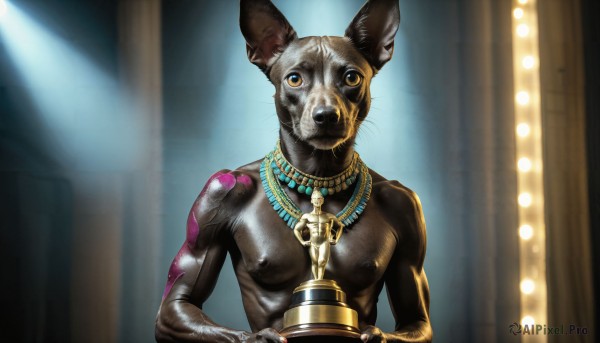 HQ,solo,breasts,looking at viewer,holding,animal ears,jewelry,nipples,yellow eyes,upper body,male focus,indoors,necklace,dutch angle,no humans,tattoo,animal,parody,furry,realistic,furry female,gold,whiskers,bodypaint,pouring,what,ankh,1boy,collar,muscular,topless male,dog,animal focus,neck ring,spotlight