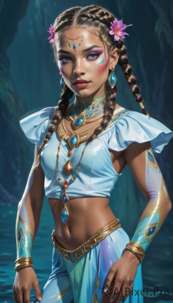 1girl,solo,long hair,breasts,looking at viewer,blue eyes,skirt,brown hair,shirt,black hair,hair ornament,navel,jewelry,closed mouth,standing,braid,flower,cowboy shot,earrings,small breasts,outdoors,sleeveless,midriff,artist name,hair flower,dark skin,water,necklace,stomach,nail polish,blurry,twin braids,bracelet,dark-skinned female,lips,crop top,fingernails,wet,tattoo,makeup,blurry background,facial mark,blue shirt,lipstick,gem,forehead,pink flower,pink nails,wading,pendant,eyeshadow,realistic,nose,red lips,eyeliner,facepaint,neck ring,forehead jewel,bodypaint,blue gemstone,mascara,dreadlocks,multiple braids,medium breasts,pink lips,arms at sides