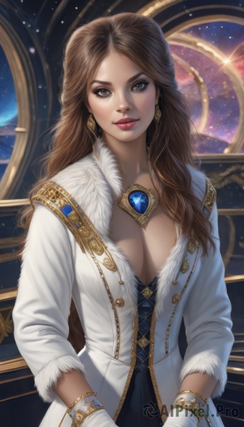 1girl,solo,long hair,breasts,looking at viewer,smile,blue eyes,large breasts,brown hair,gloves,long sleeves,dress,cleavage,brown eyes,jewelry,medium breasts,upper body,earrings,white gloves,necklace,bracelet,lips,coat,fur trim,makeup,wavy hair,lipstick,gem,star (sky),starry sky,gold trim,realistic,nose,white coat,red lips,space,bangs,jacket,open clothes,artist name,mole,parted bangs,grey eyes,white jacket,eyeshadow