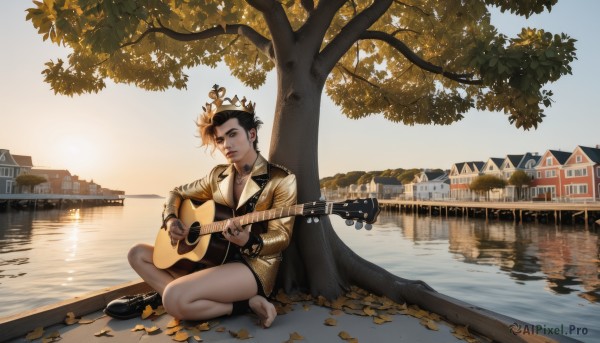 1girl,solo,breasts,short hair,skirt,brown hair,black hair,hair ornament,long sleeves,holding,cleavage,brown eyes,jewelry,medium breasts,sitting,closed mouth,jacket,full body,multicolored hair,earrings,outdoors,sky,shoes,shorts,barefoot,day,water,necklace,black footwear,tree,lips,toes,leaf,piercing,building,instrument,scenery,reflection,realistic,nose,music,guitar,autumn leaves,bridge,playing instrument,holding instrument,river,autumn,boat,lake,lute (instrument),acoustic guitar,looking at viewer,shirt,1boy,male focus,cape,bracelet,bare legs,window,tattoo,facial hair,sunlight,crossed legs,crown,city,indian style,watercraft,singing,house,shoes removed,falling leaves,plectrum