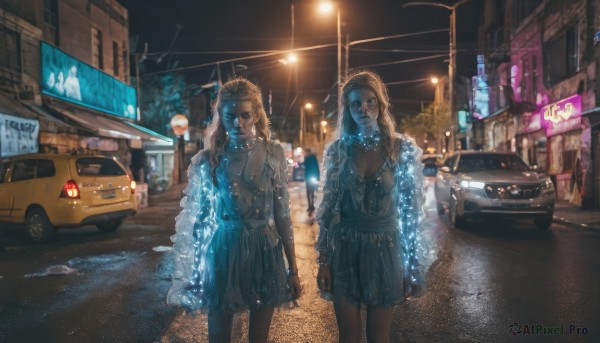 1girl,long hair,looking at viewer,blue eyes,multiple girls,skirt,blonde hair,shirt,long sleeves,hat,dress,2girls,jewelry,standing,earrings,outdoors,dark skin,necklace,bracelet,dark-skinned female,night,blue dress,glowing,ground vehicle,building,scenery,motor vehicle,reflection,lantern,city,sign,realistic,car,road,lamp,lamppost,street,crosswalk,breasts,cleavage,water,wet,night sky,rain,dark,city lights,lights,neon lights