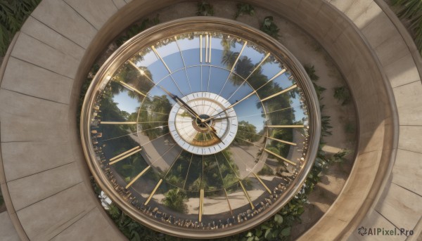 outdoors,sky,day,cloud,tree,blue sky,no humans,shadow,from above,sunlight,grass,plant,nature,scenery,shade,forest,clock,bush,gears,tower,roman numeral