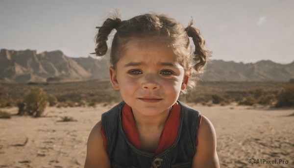 1girl,solo,looking at viewer,short hair,blue eyes,brown hair,twintails,closed mouth,upper body,outdoors,sky,sleeveless,day,blurry,grey eyes,blurry background,short twintails,child,portrait,mountain,realistic,female child,mountainous horizon,black hair,lips,parody,dirty