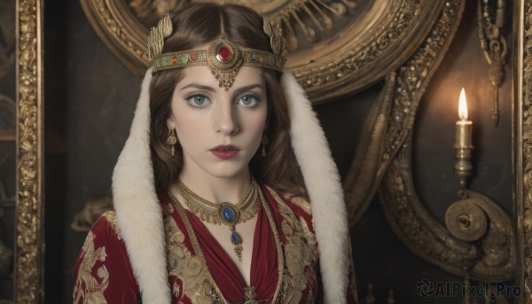 1girl,solo,long hair,looking at viewer,blue eyes,brown hair,dress,jewelry,upper body,earrings,parted lips,indoors,necklace,lips,grey eyes,fur trim,makeup,red dress,crown,lipstick,gem,portrait,freckles,gold trim,circlet,realistic,red lips,candle,candlestand,eyelashes,straight-on,gold,painting (object)