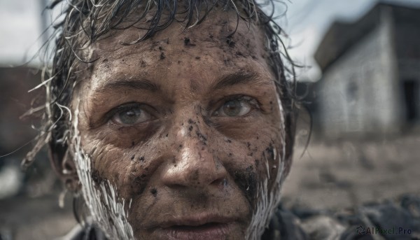 solo,looking at viewer,short hair,black hair,1boy,closed mouth,male focus,outdoors,dark skin,blurry,lips,grey eyes,depth of field,blurry background,building,messy hair,portrait,close-up,realistic,dirty,dirty face,jewelry,earrings,facial hair,beard,stubble