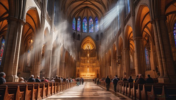 weapon,multiple boys,sword,indoors,armor,no humans,window,sunlight,helmet,scenery,6+boys,light rays,stairs,light,architecture,sunbeam,pillar,knight,statue,crowd,stained glass,church,arch,column,vanishing point,army,multiple girls