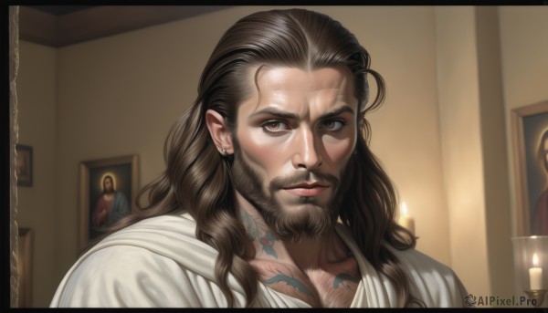 solo,long hair,looking at viewer,brown hair,shirt,black hair,1boy,brown eyes,jewelry,closed mouth,collarbone,white shirt,upper body,male focus,earrings,indoors,lips,tattoo,facial hair,portrait,beard,robe,realistic,mustache,door,candle,chest hair,2girls,choker,necklace,border,letterboxed,chest tattoo,portrait (object)