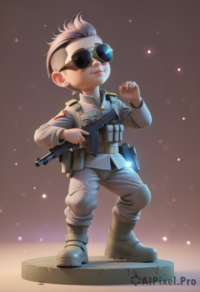 solo,short hair,brown hair,1boy,holding,jewelry,full body,weapon,male focus,earrings,boots,pants,chibi,holding weapon,uniform,lips,gun,military,military uniform,sunglasses,clenched hand,holding gun,rifle,stud earrings,assault rifle,combat boots,1girl,smile,knife,pouch,holster,submachine gun,soldier