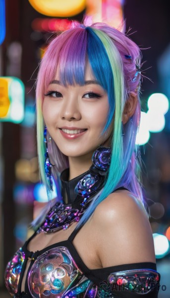 1girl,solo,long hair,breasts,looking at viewer,smile,bangs,cleavage,bare shoulders,jewelry,medium breasts,blue hair,upper body,pink hair,purple hair,multicolored hair,earrings,teeth,grin,blurry,black eyes,two-tone hair,lips,streaked hair,clothing cutout,gradient hair,makeup,depth of field,blurry background,cleavage cutout,realistic,cyberpunk,rainbow hair,brown eyes,green hair,blunt bangs,collar,from side,aqua hair,bokeh