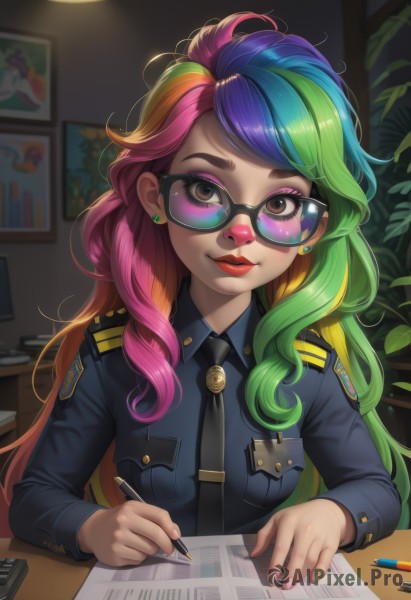 1girl,solo,long hair,breasts,looking at viewer,smile,blonde hair,shirt,long sleeves,holding,brown eyes,jewelry,medium breasts,blue hair,upper body,pink hair,purple hair,multicolored hair,earrings,green hair,necktie,glasses,collared shirt,artist name,indoors,nail polish,uniform,two-tone hair,lips,fingernails,book,eyelashes,makeup,watermark,sunglasses,plant,lipstick,black necktie,web address,pink nails,eyeshadow,personification,long fingernails,pocket,paper,pink lips,nose,pen,stud earrings,potted plant,breast pocket,pencil,badge,police,police uniform,policewoman,mascara,looking over eyewear,patch,rainbow hair,bangs,sitting,closed mouth,weapon,streaked hair,gun,gradient hair,swept bangs,blue shirt,handgun,freckles,black-framed eyewear,red lips,lamp