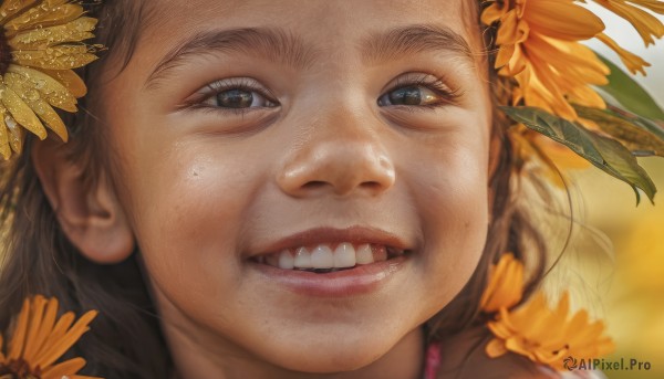 1girl,solo,looking at viewer,smile,open mouth,blue eyes,brown hair,hair ornament,flower,teeth,hair flower,mole,blurry,lips,grey eyes,mole under eye,depth of field,blurry background,portrait,close-up,forehead,freckles,realistic,yellow flower,nose,sunflower,mole on cheek,long hair,brown eyes,eyelashes,leaf