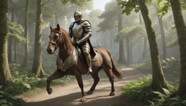 solo,1boy,male focus,outdoors,day,armor,tree,animal,sunlight,helmet,grass,plant,shoulder armor,gauntlets,nature,scenery,1other,forest,pauldrons,breastplate,riding,horse,knight,full armor,ambiguous gender,path,horseback riding,helm,plate armor,reins,saddle,holding,weapon,boots,holding weapon,leaf,walking,fantasy,armored boots,greaves,plume