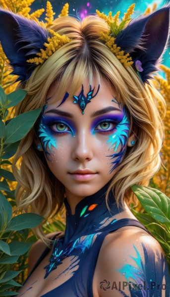 1girl,solo,breasts,looking at viewer,short hair,blonde hair,hair ornament,animal ears,cleavage,bare shoulders,jewelry,medium breasts,closed mouth,green eyes,yellow eyes,upper body,flower,earrings,artist name,cat ears,hair flower,medium hair,lips,eyelashes,tattoo,makeup,leaf,watermark,facial mark,plant,lipstick,portrait,web address,eyeshadow,freckles,pink lips,nose,stud earrings,eyeliner,mascara,long hair,necklace,fox ears,facepaint