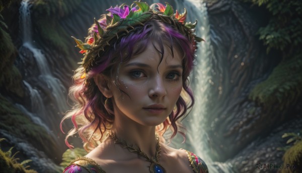 1girl,solo,long hair,looking at viewer,short hair,bangs,blue eyes,hair ornament,jewelry,closed mouth,collarbone,purple hair,flower,multicolored hair,earrings,outdoors,artist name,signature,hair flower,water,necklace,blurry,lips,wet,eyelashes,makeup,depth of field,blurry background,leaf,plant,messy hair,gem,portrait,nature,freckles,realistic,nose,wet hair,head wreath,waterfall,hair between eyes,tree,sunlight,backlighting,curly hair,dappled sunlight