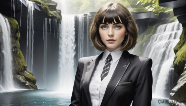 1girl,solo,breasts,looking at viewer,smile,short hair,bangs,brown hair,shirt,hair ornament,long sleeves,jacket,white shirt,upper body,outdoors,parted lips,open clothes,necktie,day,hairclip,striped,collared shirt,signature,blunt bangs,water,open jacket,lips,black jacket,grey eyes,dress shirt,formal,bob cut,blazer,suit,black necktie,realistic,nose,striped necktie,waterfall,blue eyes,black hair,closed mouth,green eyes,artist name,eyelashes,makeup,wing collar,scenery,suit jacket