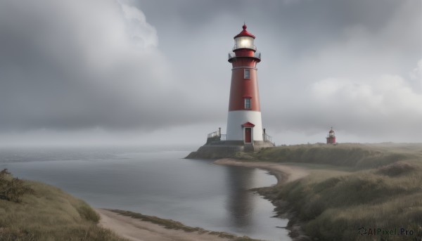 solo,outdoors,sky,day,cloud,water,from behind,tree,no humans,cloudy sky,grass,building,scenery,reflection,bridge,river,castle,tower,landscape,lake,fog,grey sky,1girl,ocean,horizon,house,lighthouse,very wide shot