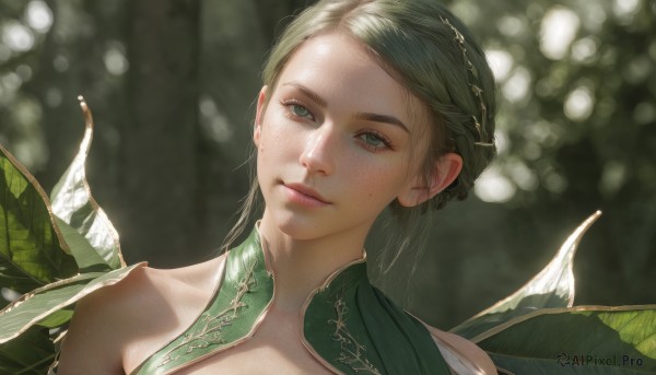 1girl,solo,long hair,looking at viewer,hair ornament,dress,bare shoulders,closed mouth,green eyes,upper body,braid,green hair,wings,blurry,lips,blurry background,leaf,portrait,freckles,green dress,realistic,fairy wings,fairy,short hair,outdoors,parted lips,looking to the side,eyelashes,depth of field,sunlight,nature,nose,dappled sunlight,green theme,mole on cheek