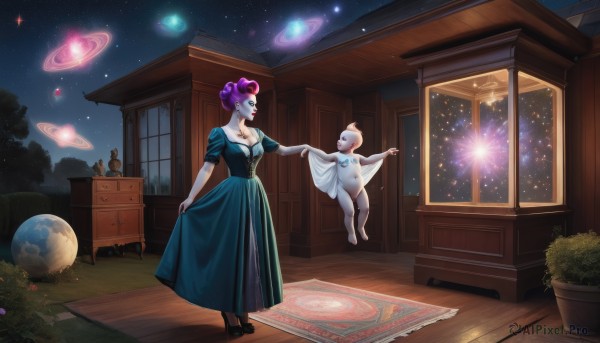 1girl,breasts,smile,short hair,dress,cleavage,jewelry,medium breasts,standing,purple hair,flower,short sleeves,sky,puffy sleeves,indoors,necklace,hair bun,tree,puffy short sleeves,window,double bun,night,blue dress,colored skin,table,plant,star (sky),night sky,starry sky,green dress,skirt hold,long dress,potted plant,space,house,planet,baby,solo,artist name,makeup,moon,lipstick,blue skin,carpet