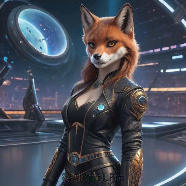 1girl,solo,long hair,breasts,looking at viewer,smile,large breasts,brown hair,gloves,long sleeves,animal ears,cleavage,brown eyes,jewelry,medium breasts,jacket,tail,cowboy shot,open clothes,belt,pants,artist name,necklace,orange hair,open jacket,black jacket,fox ears,bodysuit,night,fox tail,furry,colored sclera,science fiction,furry female,space,planet,orange fur,lips,realistic,black bodysuit,alien,spacecraft