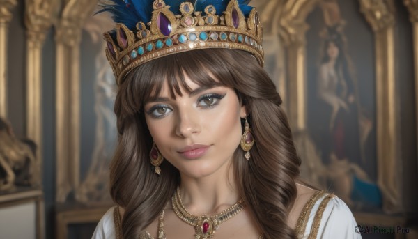 1girl,solo,long hair,looking at viewer,smile,bangs,brown hair,dress,brown eyes,jewelry,closed mouth,earrings,necklace,blurry,lips,depth of field,blurry background,feathers,crown,gem,portrait,realistic,gold,indoors,makeup,parody,blue gemstone