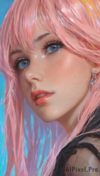 1girl,solo,long hair,looking at viewer,bangs,blue eyes,simple background,jewelry,pink hair,multicolored hair,earrings,parted lips,teeth,shiny,lips,eyelashes,makeup,blue background,portrait,close-up,realistic,nose,looking to the side