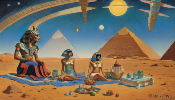 short hair,multiple girls,black hair,1boy,2girls,jewelry,sitting,outdoors,food,sky,barefoot,dark skin,3girls,bracelet,dark-skinned female,cup,night,fruit,moon,star (sky),night sky,full moon,armlet,plate,starry sky,sand,headdress,space,teapot,planet,egyptian,egyptian clothes,desert,dreadlocks,tent,breasts,dress,navel,earrings,day,midriff,armor,blue sky,makeup,arm support,helmet,bottle,knife,pelvic curtain,bowl,apple,yokozuwari,indian style,grapes,carpet