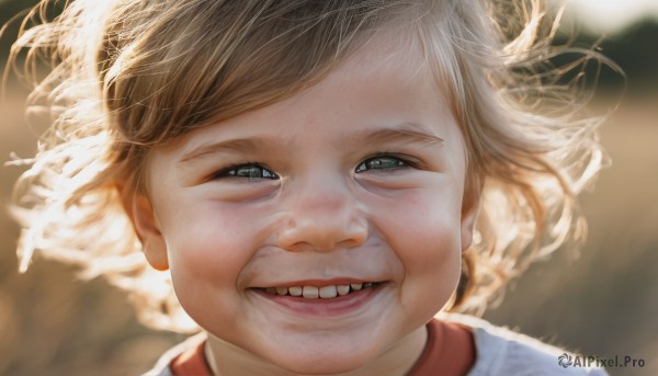 1girl,solo,looking at viewer,smile,short hair,open mouth,blue eyes,blonde hair,brown hair,shirt,1boy,male focus,teeth,blurry,lips,grey eyes,floating hair,depth of field,blurry background,wind,child,portrait,realistic,bangs,artist name,grin,eyelashes,half-closed eyes,messy hair,red shirt,close-up,backlighting,nose