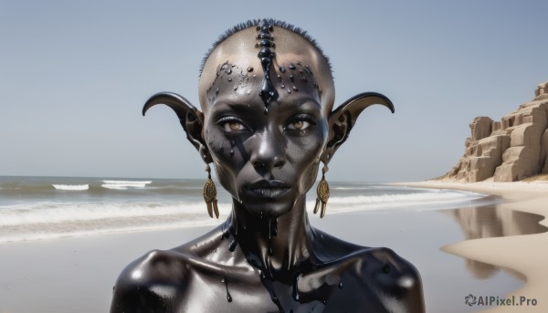 1girl,solo,looking at viewer,brown eyes,jewelry,yellow eyes,upper body,earrings,outdoors,sky,teeth,day,pointy ears,water,blue sky,wet,colored skin,ocean,beach,sharp teeth,monster girl,portrait,science fiction,sand,bald,grey skin,alien,black skin,desert,horns,dark skin,lips,orange eyes,realistic