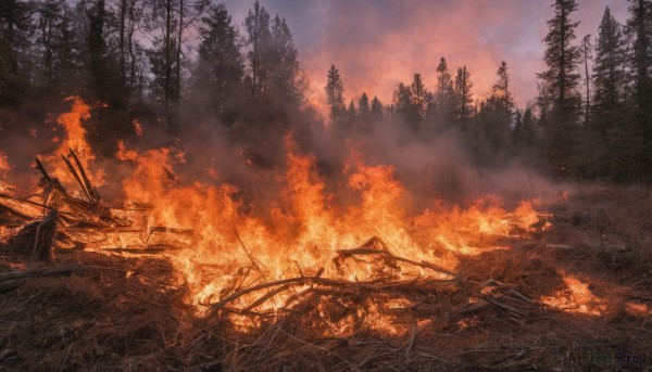 solo,weapon,outdoors,sky,sword,cloud,tree,no humans,grass,fire,building,nature,scenery,forest,smoke,house,bare tree,burning,ground vehicle,motor vehicle,mountain,ruins,landscape,campfire