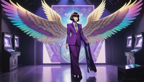 1girl,solo,looking at viewer,smile,short hair,open mouth,bangs,brown hair,shirt,black hair,long sleeves,bow,holding,standing,jacket,full body,closed eyes,white shirt,wings,collared shirt,pants,indoors,bowtie,formal,bob cut,suit,feathered wings,angel wings,holding clothes,purple jacket,multiple wings,spread wings,large wings,closed mouth,necktie,blunt bangs,black eyes,halo,facing viewer,arms at sides,angel,clock,television,wide shot,monitor,surreal,purple wings,multicolored wings,purple coat