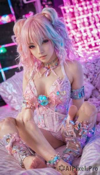 1girl,solo,long hair,breasts,looking at viewer,bangs,cleavage,bare shoulders,twintails,jewelry,medium breasts,sitting,underwear,panties,pink hair,multicolored hair,barefoot,necklace,blurry,bracelet,feet,two side up,lips,pillow,toes,blurry background,lingerie,armlet,realistic,anklet,blue hair,artist name,nail polish,watermark,ring,gem,armband,neon lights