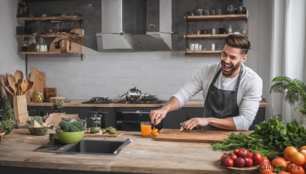 solo,smile,short hair,brown hair,shirt,long sleeves,1boy,holding,brown eyes,closed mouth,white shirt,upper body,male focus,food,indoors,apron,cup,window,fruit,facial hair,knife,plant,beard,sleeves rolled up,mustache,basket,carrot,bread,cooking,orange (fruit),kitchen,tomato,vegetable,black apron,counter,lettuce,cutting board,onion,open mouth,black hair,bag,table,realistic,potted plant,undercut,sleeves pushed up,lemon,potato