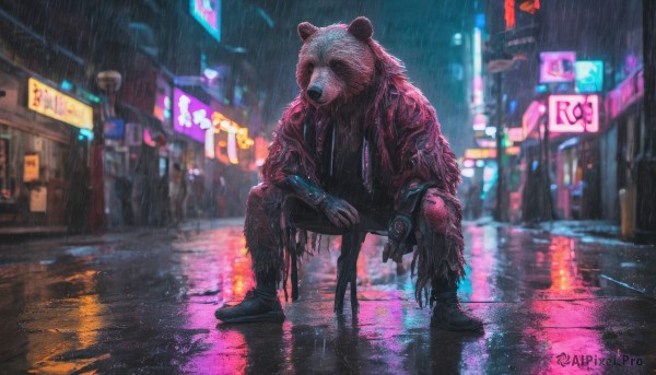 solo, 1boy, jacket, outdoors, blurry, torn clothes, night, blurry background, animal, squatting, furry, reflection, rain, city, city lights, cyberpunk, neon lights