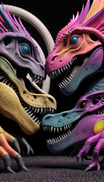 open mouth,blue eyes,yellow eyes,wings,teeth,tongue,looking at another,from side,no humans,fangs,sharp teeth,black background,claws,colored sclera,monster,realistic,dragon,scales,extra eyes,dinosaur,looking at viewer,crossover,slit pupils,kaijuu,multiple heads