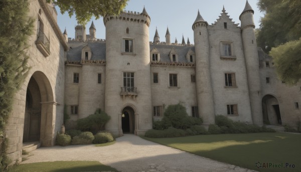 outdoors,sky,day,tree,blue sky,no humans,window,shadow,grass,plant,building,scenery,door,road,bush,house,castle,tower,path,church,arch,sunlight,shade,architecture