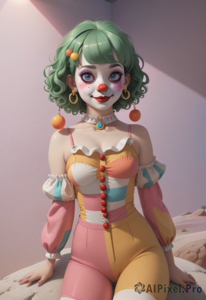 1girl,solo,breasts,looking at viewer,blush,smile,short hair,bangs,blue eyes,hair ornament,thighhighs,long sleeves,cleavage,bare shoulders,jewelry,medium breasts,sitting,collarbone,cowboy shot,earrings,frills,parted lips,detached sleeves,green hair,teeth,choker,puffy sleeves,pants,artist name,nail polish,lips,see-through,makeup,detached collar,shadow,arm support,thigh gap,lipstick,frilled sleeves,gem,eyeshadow,puffy long sleeves,asymmetrical legwear,beads,curly hair,hoop earrings,red lips,facepaint,asymmetrical clothes,see-through sleeves,frilled collar,mascara,high-waist pants,puffy detached sleeves,clown,shorts,wavy hair