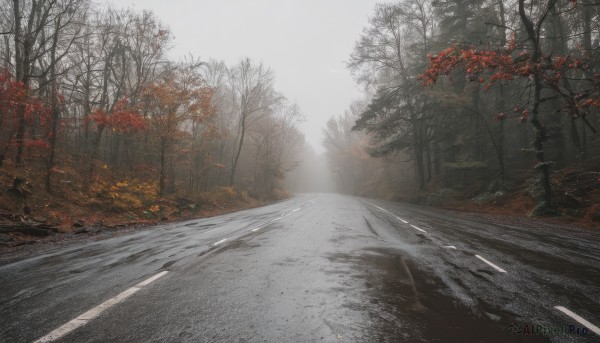 outdoors,sky,day,tree,no humans,leaf,sunlight,nature,scenery,snow,forest,road,autumn leaves,maple leaf,bare tree,street,autumn,fog,cloud,realistic,landscape,path