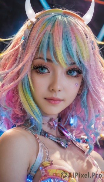 1girl,solo,long hair,breasts,looking at viewer,smile,bangs,blue eyes,blonde hair,cleavage,bare shoulders,jewelry,medium breasts,closed mouth,blue hair,upper body,pink hair,multicolored hair,hairband,horns,choker,necklace,two-tone hair,lips,eyelashes,aqua hair,gradient hair,makeup,gem,portrait,eyeshadow,pink lips,realistic,nose,fake horns,mascara,short hair,underwear,swimsuit,bikini,earrings,green hair,artist name,star (symbol),bra,streaked hair,looking to the side,tattoo,watermark,facial mark,light smile,lipstick,web address,multicolored clothes,close-up,pendant,crystal,eyeliner